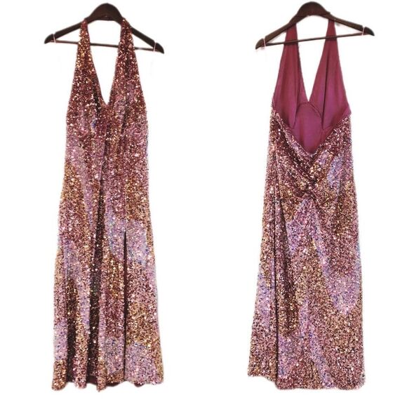FREE PEOPLE Pink Velvet Sequin Party Dress Midi Maxi Halter Neck Size Medium New - Picture 3 of 15